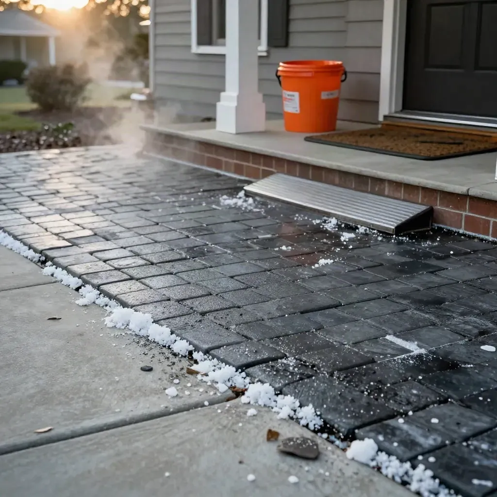 Salt-darkened driveway with melting patches, spreader tracks, and an orange de-icer bucket by the step