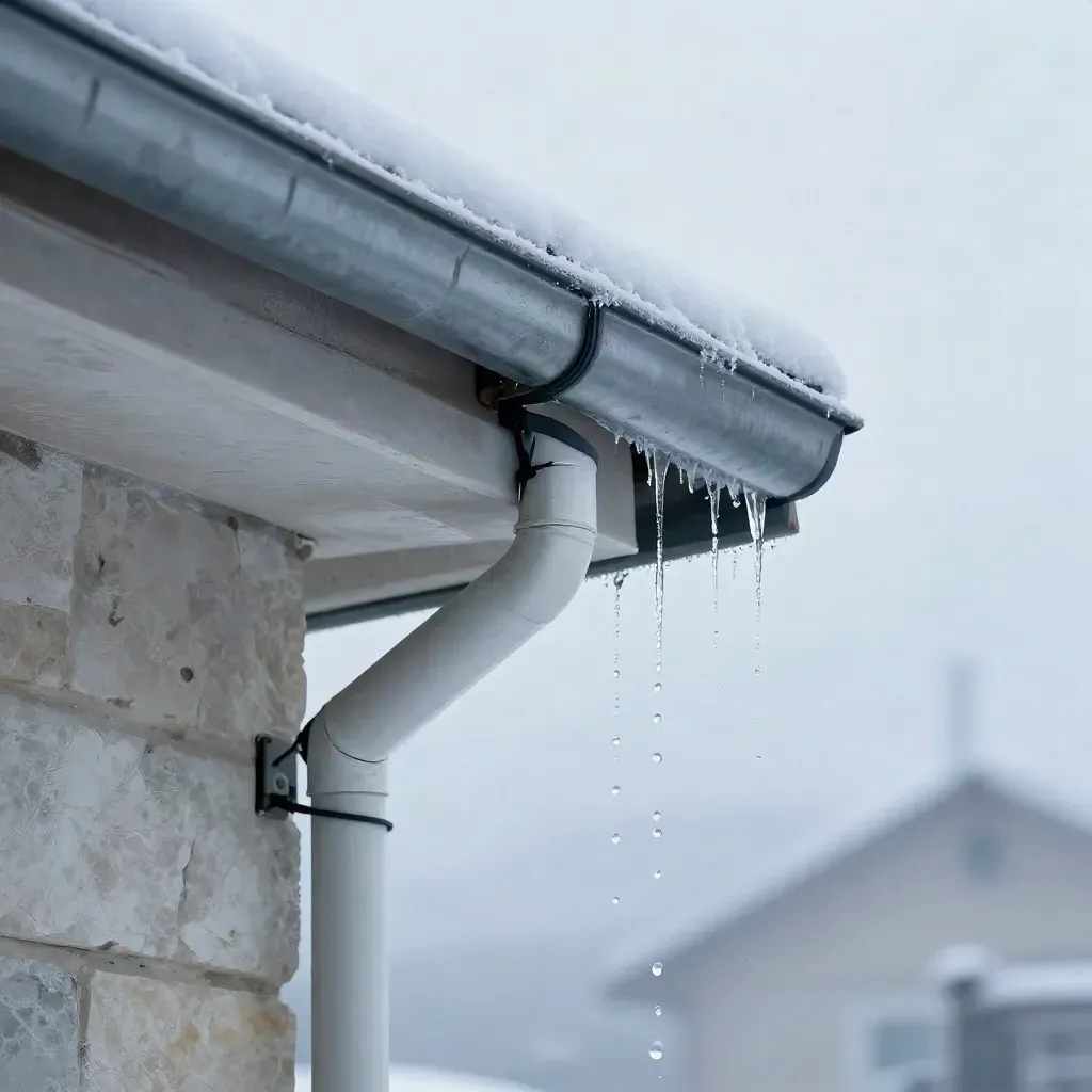White gutter corner with heat cable clips, melting icicles, and dripping meltwater under an eave.