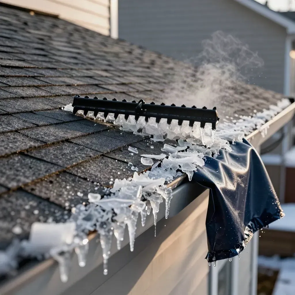 Roof edge with ice dam fragments, roof rake head, and tarp as ice slides off.