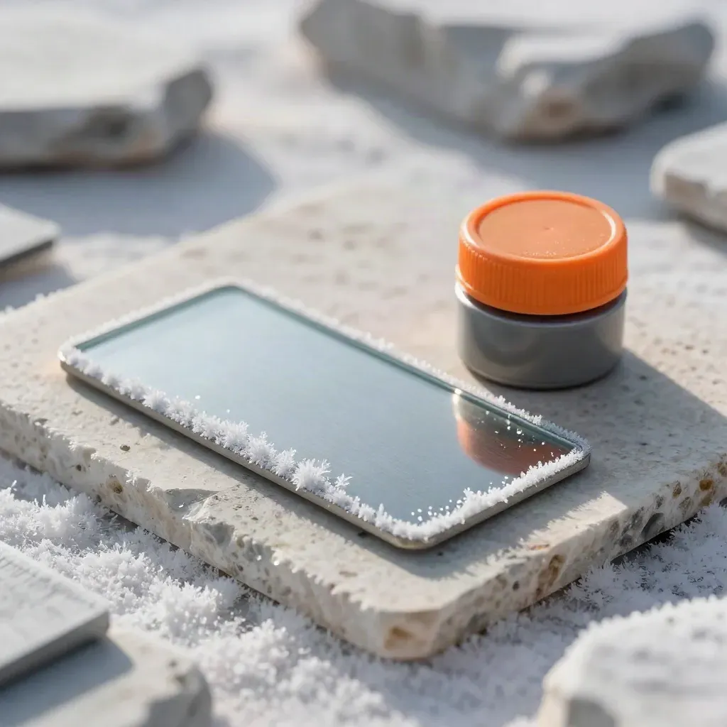 Frost-coated glass and metal sample cards with a small matte canister on pale stone.