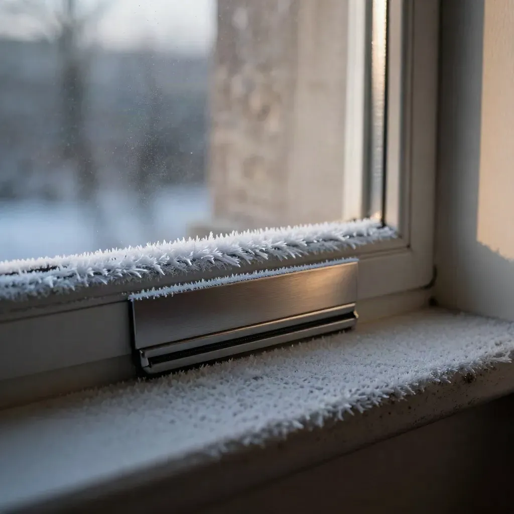 Frost-edged window sill with clear glass, moisture tray, and a dehumidifier vent below.