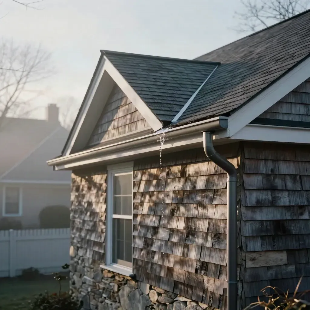 Dry Brookline roofline above a misty winter yard, eaves clear and meltwater draining cleanly.