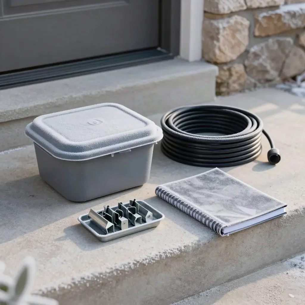 Overhead winter maintenance kit on concrete step with de-icer tub, heat cable, clips and binder