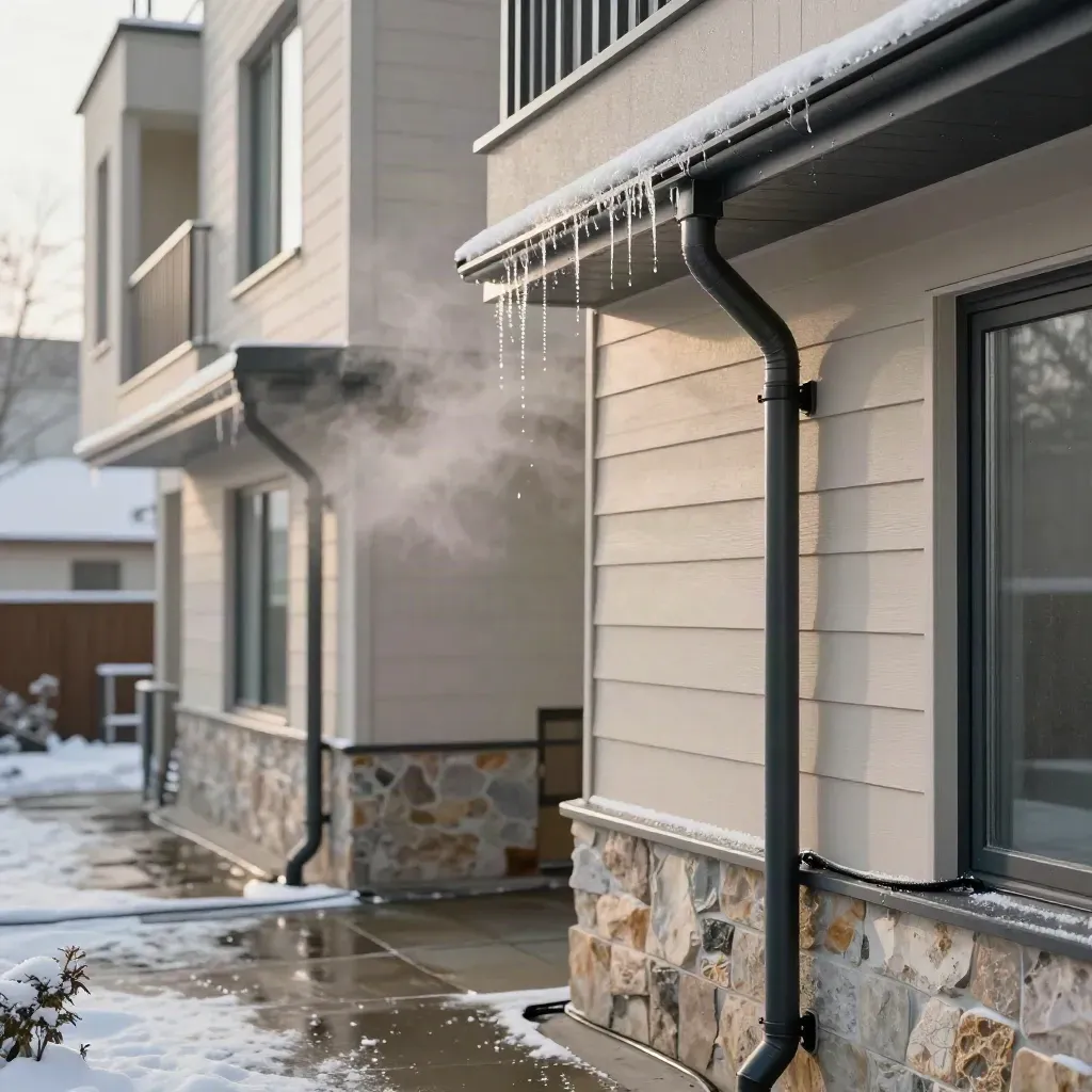 Heat cables melting runoff on two condo buildings, gutters clear and steaming