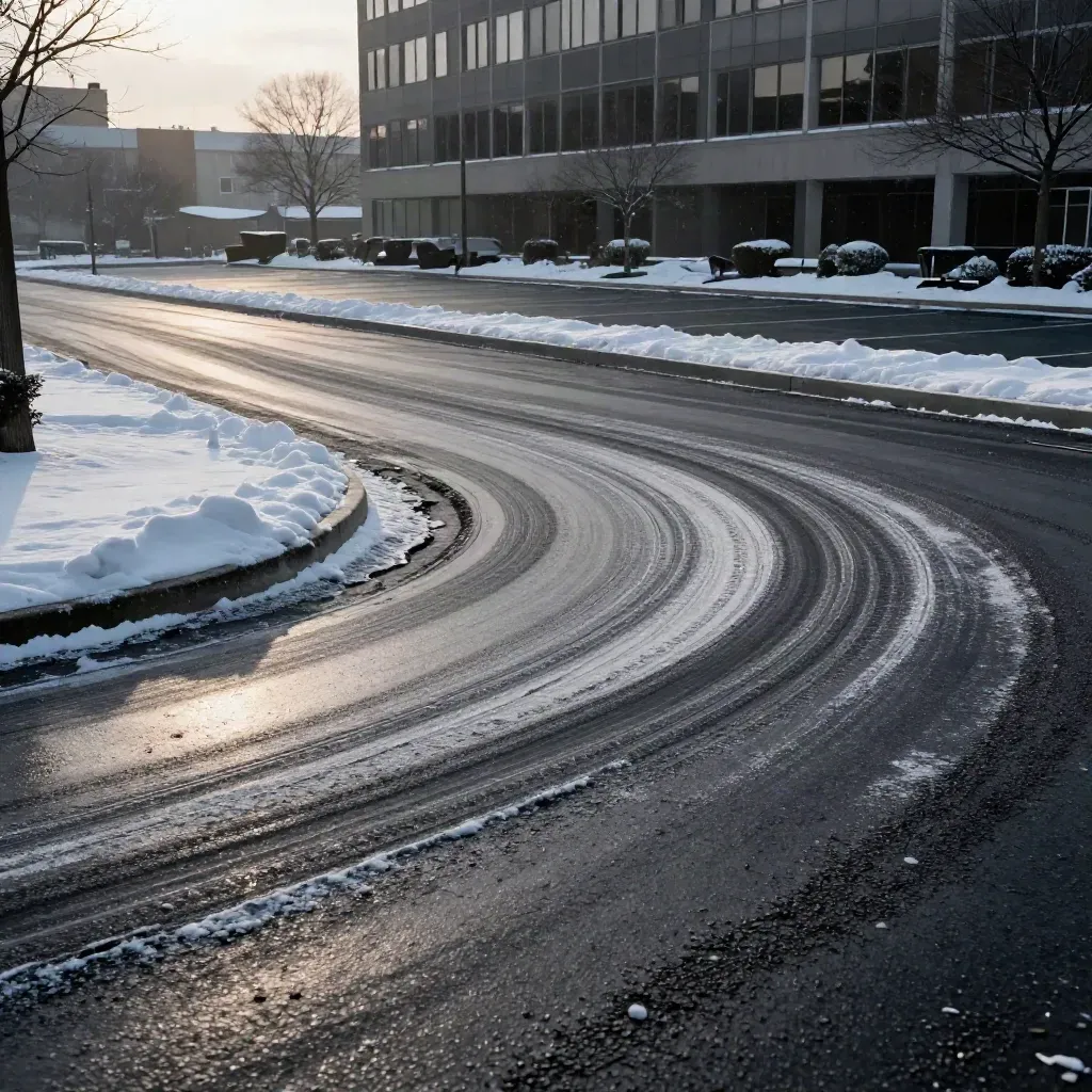 Empty office lot at dawn, with salted plow lines, snow berms, and a raised blade near the corner.