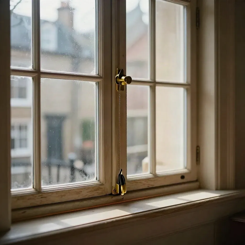 Clear sash windows with warmed frames and brass catches in a quiet winter-lit townhouse room.