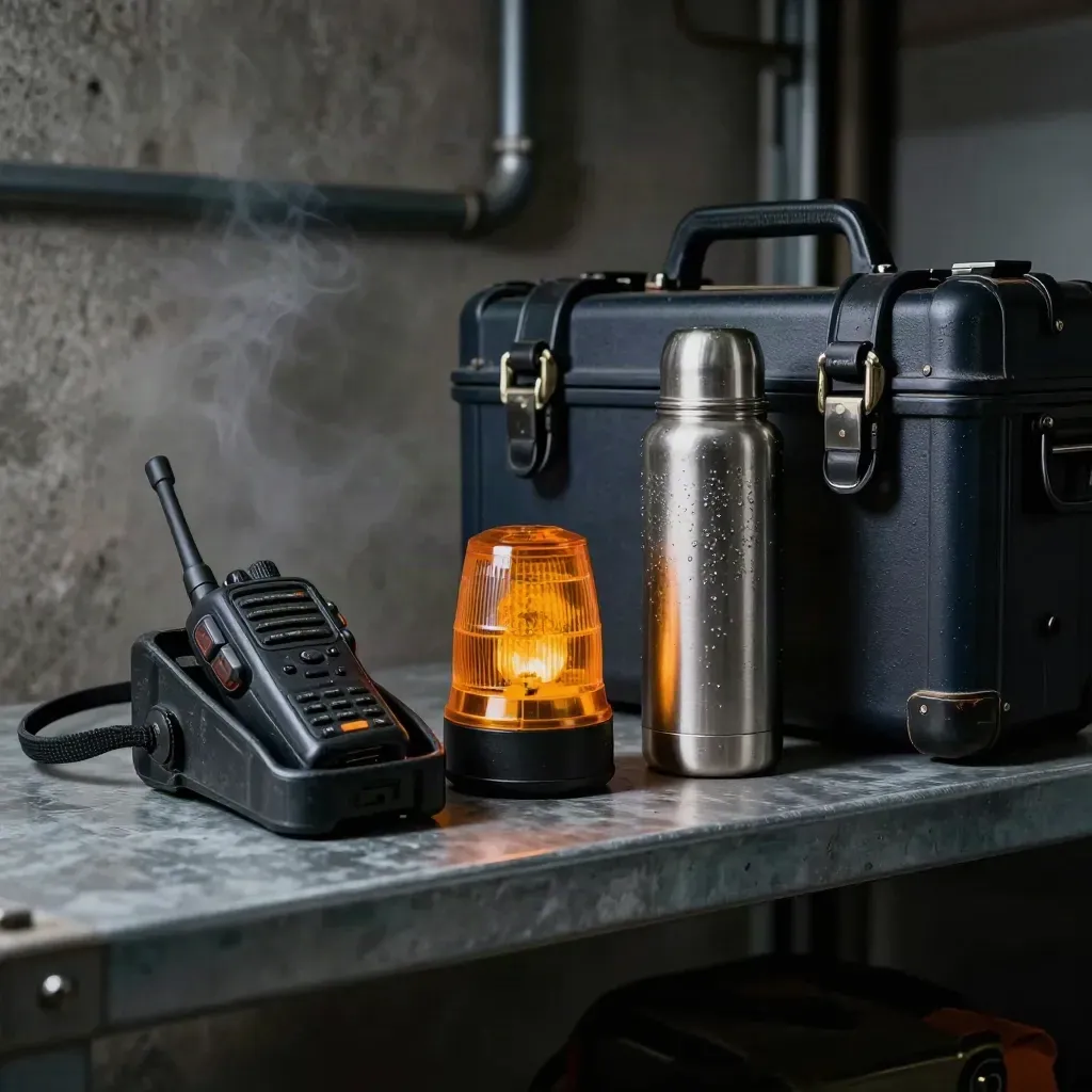 Radio, beacon lens, and thermos on a steel garage shelf in dramatic light