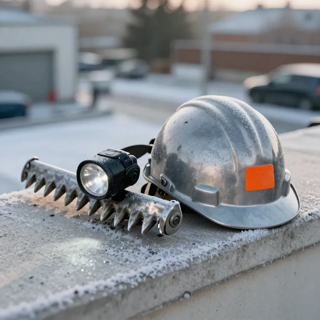 Roof rake head, headlamp, and frost-scratched hardhat on a cold ledge