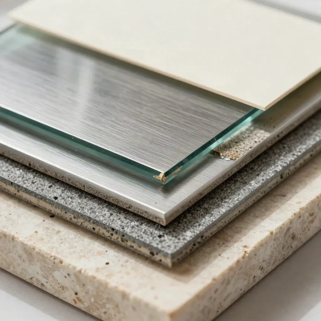 Coated glass, flashing samples, and roof-granule swatches on pale stone.