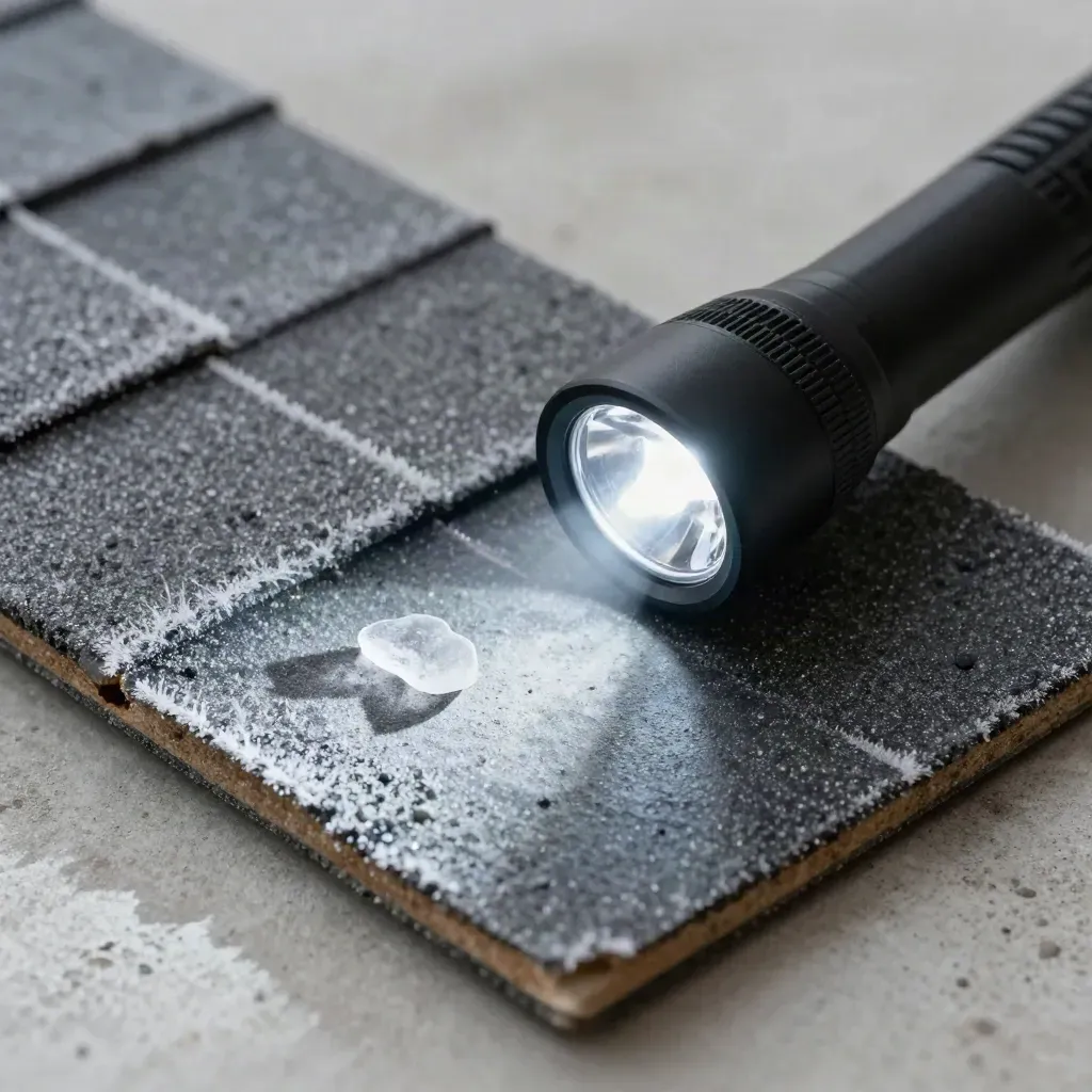 Frost-dusted roof shingle, flashlight and clear ice on a dark rubber mat, lit from the side.