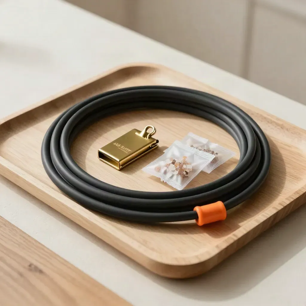 Heat cable, brass clips, and sealed salt sachets on a pale wood tray.
