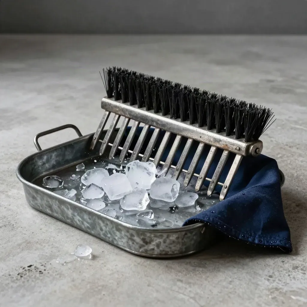 Roof rake head with ice chunks and wet tarp edge on a galvanized tray