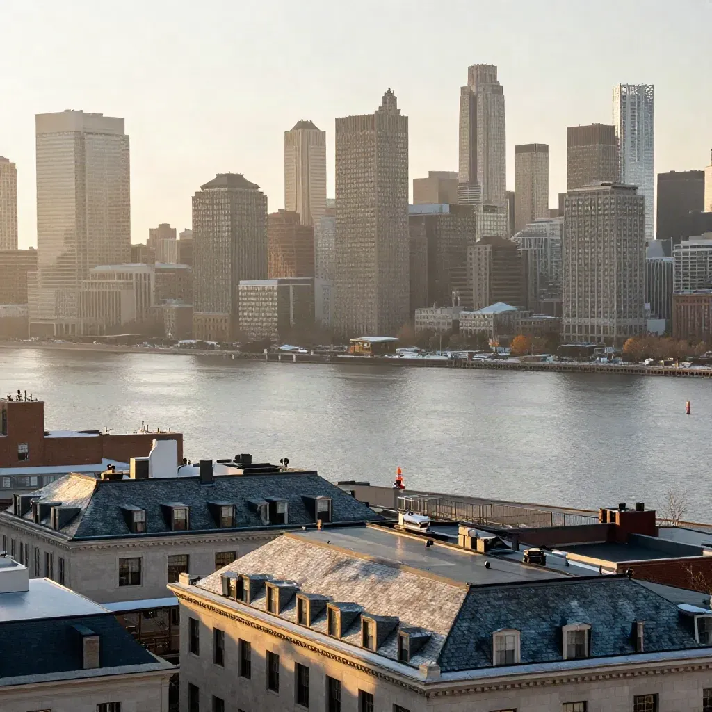 Boston skyline over the Charles River in winter haze at golden hour