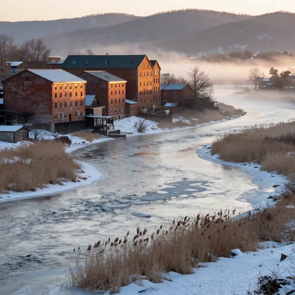 Winter sunrise over the Merrimack River bend with brick mills and misty snow-covered banks.