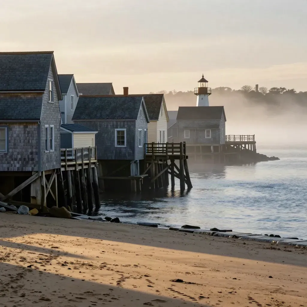 Salem waterfront at golden hour with fog lifting over quiet harbor and rooflines.