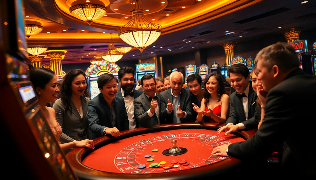Zonafilm showcases a thrilling casino experience with players engaged around tables and vibrant slot machines.