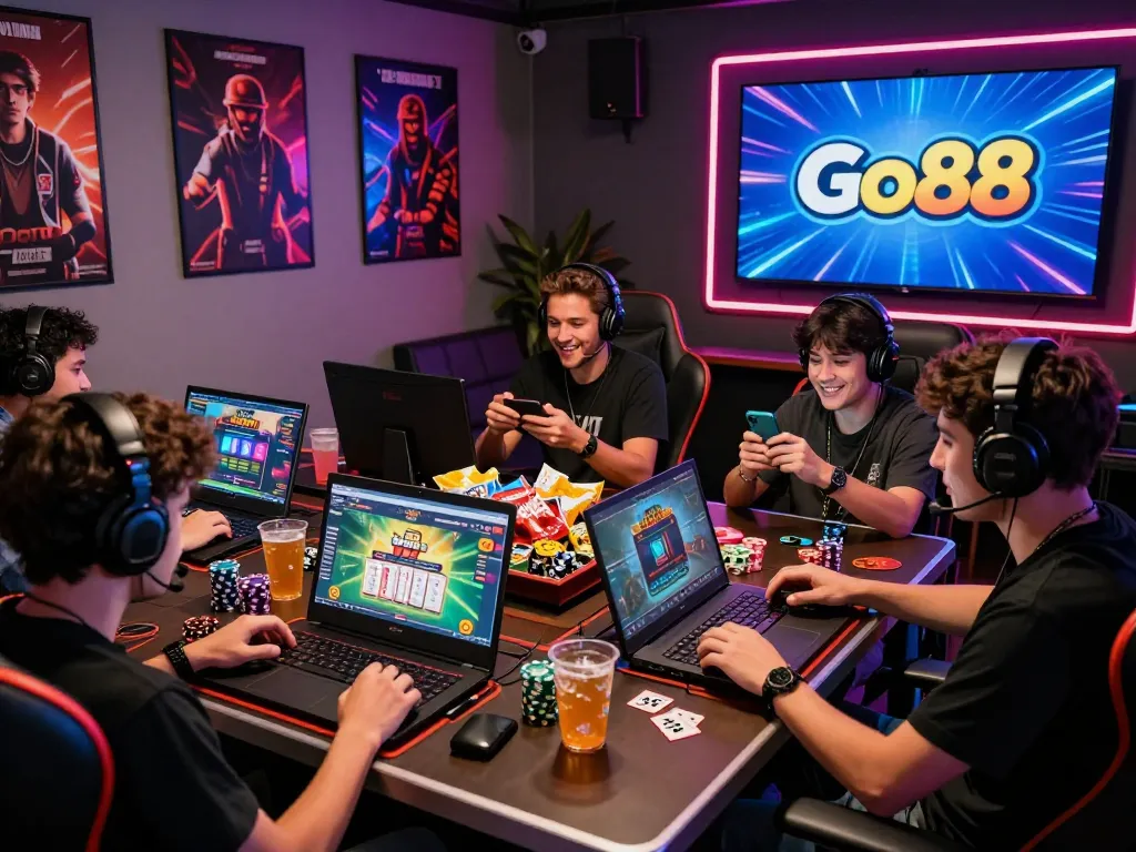 Group of friends engaged in gaming while downloading tải go88 on laptops, vibrant online casino atmosphere.