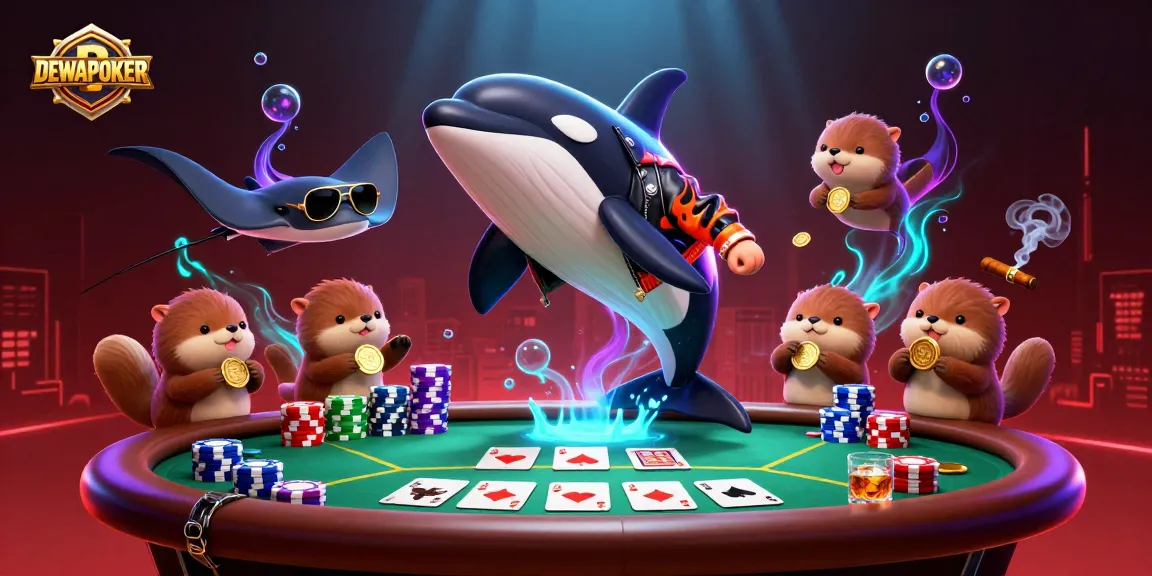 Engage in DEWAPOKER with a vibrant 3D scene featuring playful characters and poker elements.