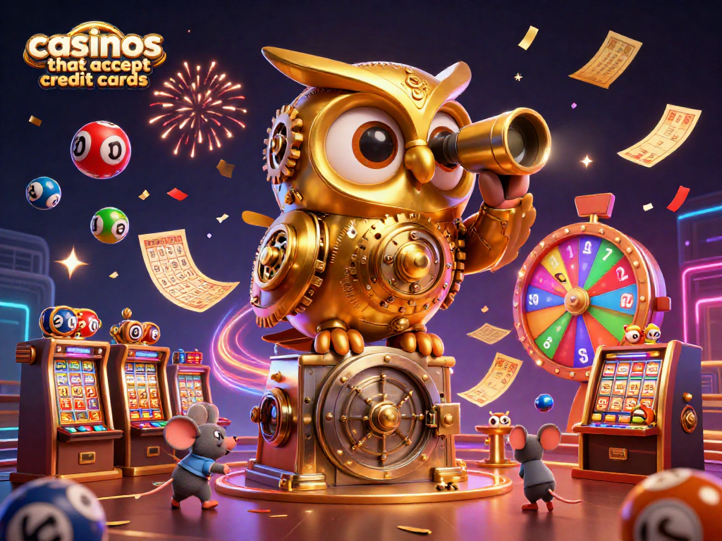 Engaging scene of 3D cartoon characters celebrating wins at casinos that accept credit cards with vibrant visuals and dynamic elements.