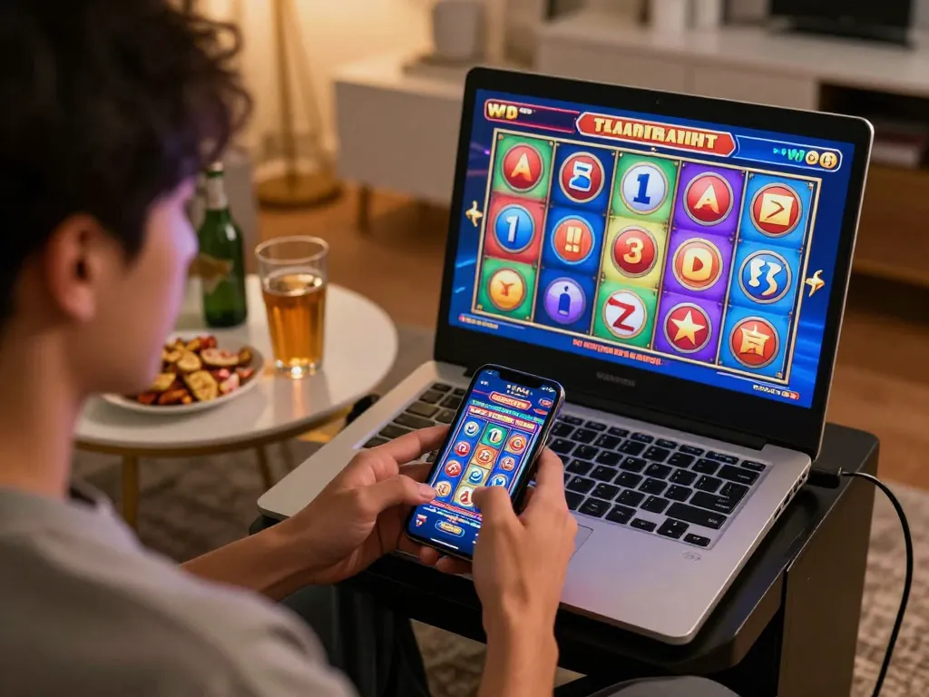 Player spins slot machines on smartphone while managing bankroll in a cozy home