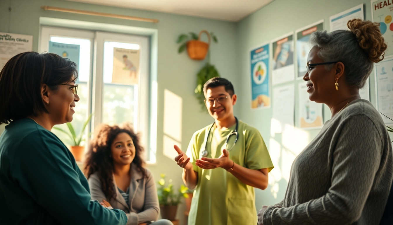 Health care worker engaging with community members about health practices.