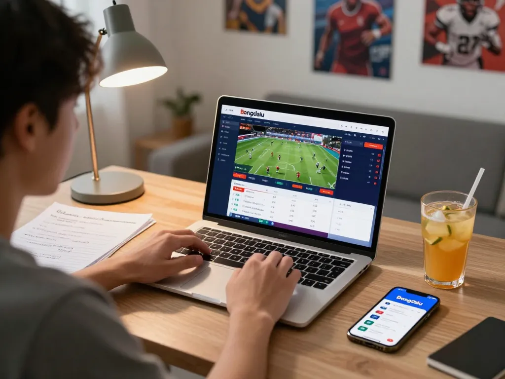 Bongdalu user analyzing sports betting stats on laptop, integral to smart gambling strategy