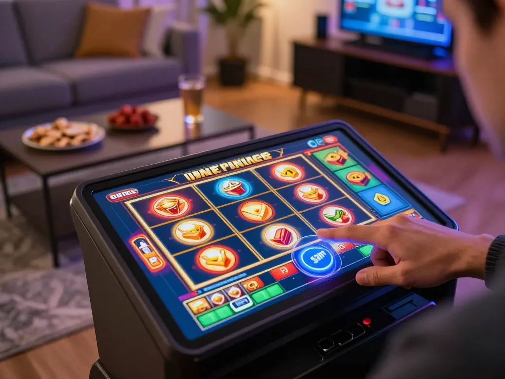 Engaging action of playing slot online on a smartphone in a cozy home setting.