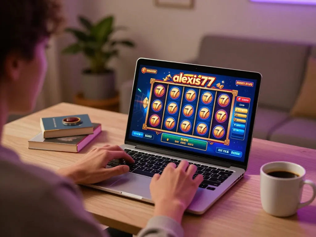 Engaging player spinning alexis77 slot on a laptop, showcasing an exciting online casino experience