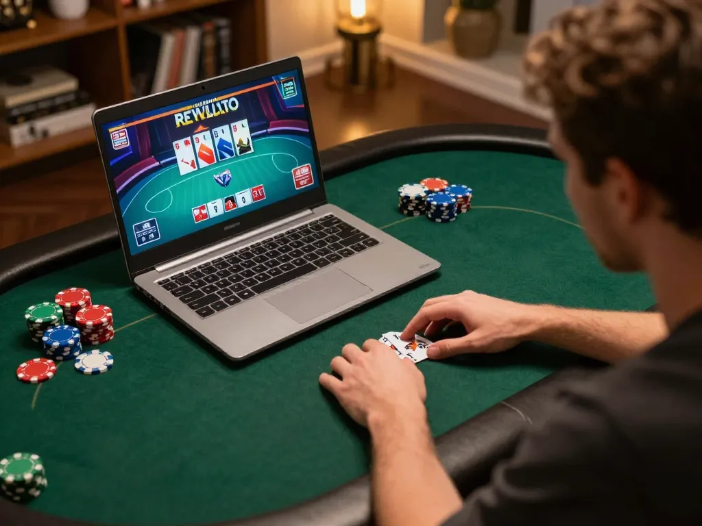 Engaged player using a laptop to strategize poker gameplay at 88clb online platform
