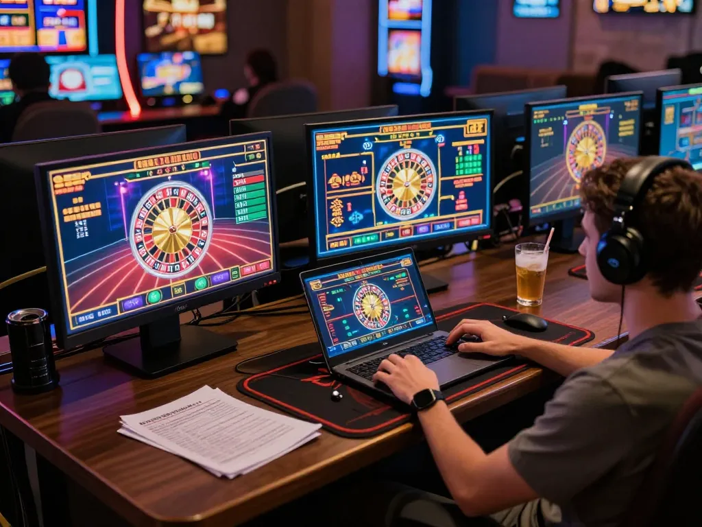 Engaging online gaming in a modern setup with hay88x on screens, showcasing vibrant casino action.