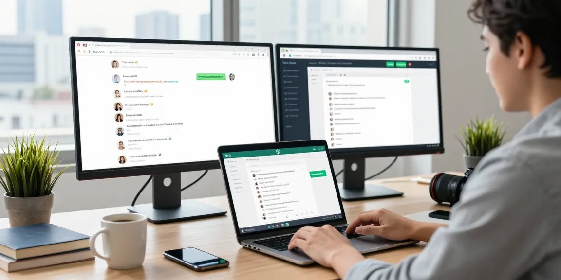 Using WhatsApp網頁版 on a laptop in a modern office environment