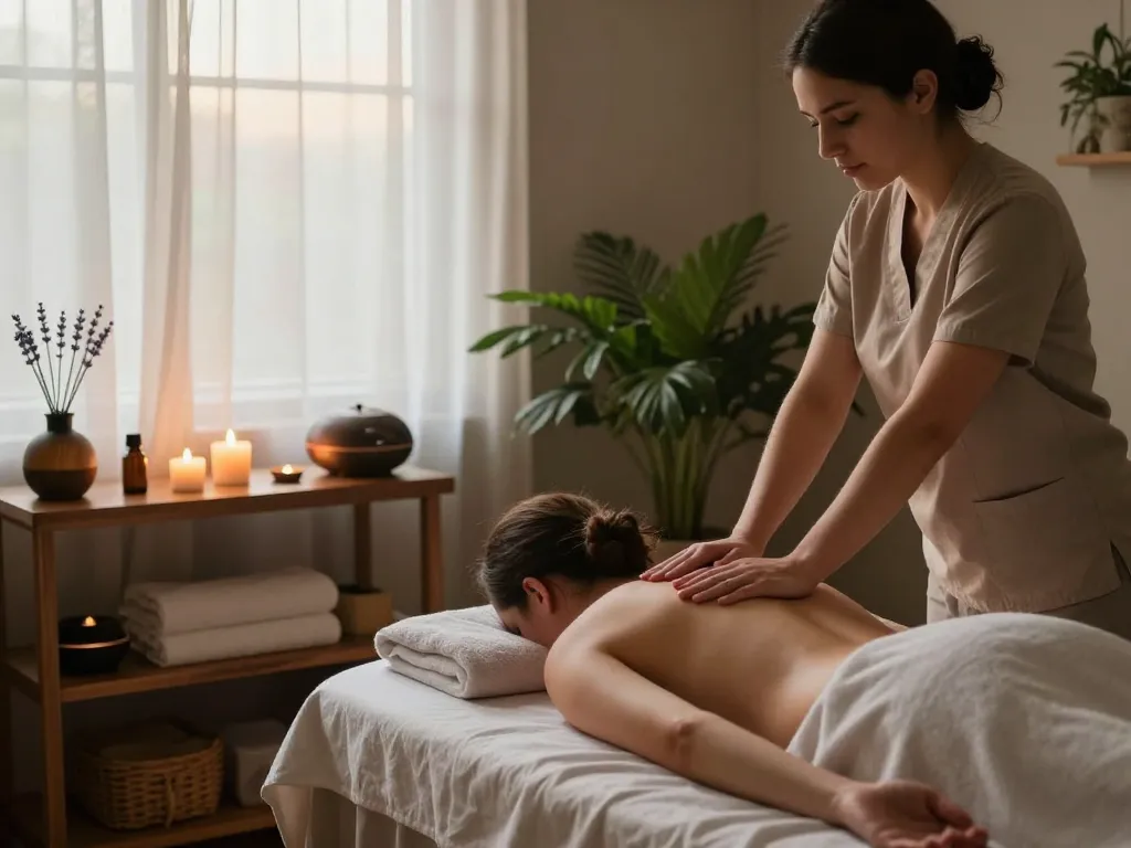 Massage therapist providing a soothing Swedish massage in a tranquil studio setting with warm lighting.
