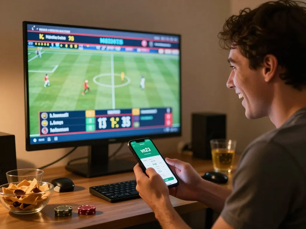 Engaged user placing bets on vn23 app while watching live sports at home