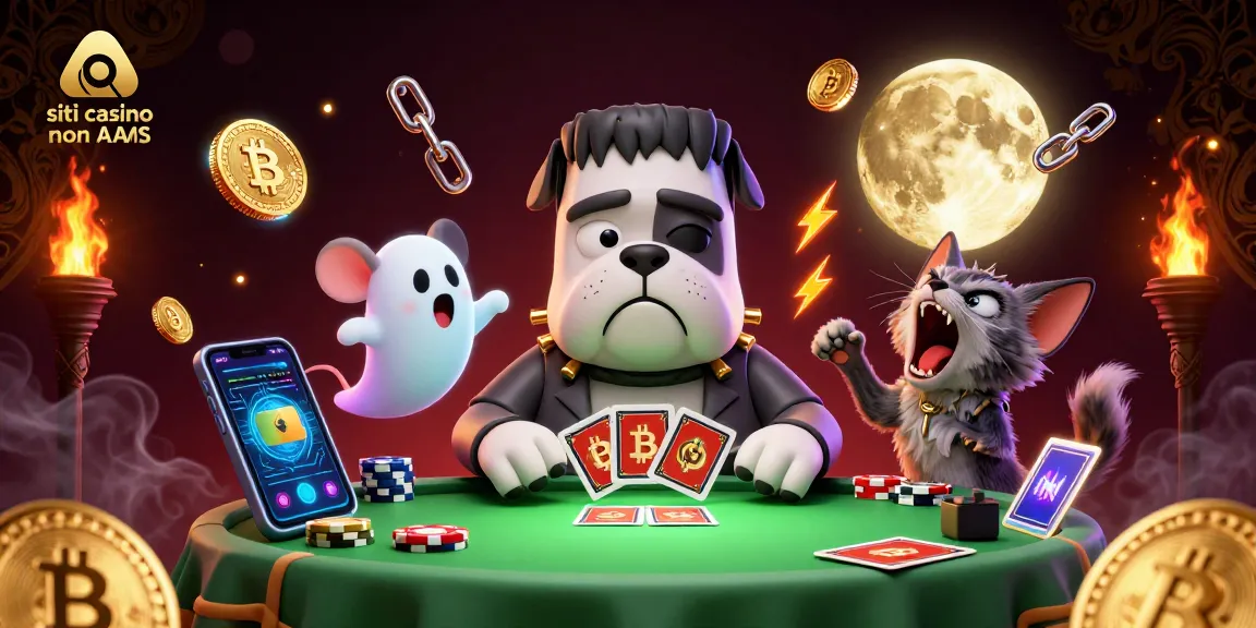 Gioca ai siti casino non AAMS con il cane Frankenstein che distribuisce carte avvolto da elementi futuristici.
