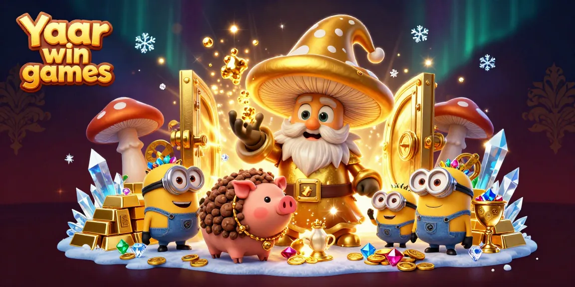 Engage with Yaar win games and discover treasures in a magical casino world with golden characters and sparkling gems.