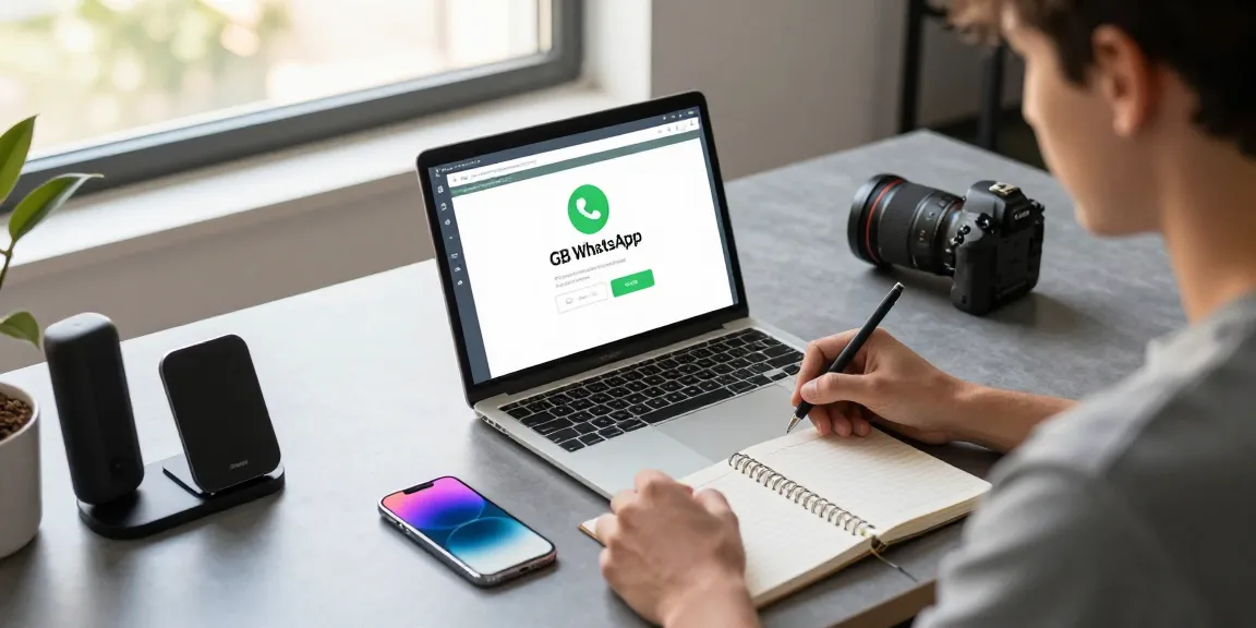 Engaged user exploring GB WhatsApp features on a laptop in a modern workspace.