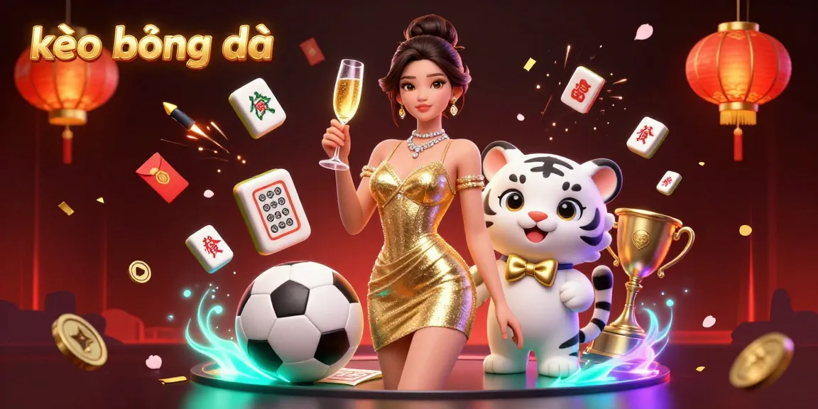 Bet on kèo bóng đá with excitement as a glamorous woman toasts beside a charming white tiger in a dynamic sports betting scene.