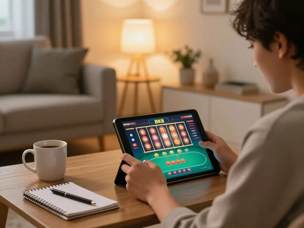Engaging in BK8 online casino games in a cozy home setting while strategizing play