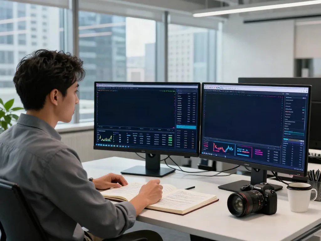 Engaged user researching financial trends on FintechZoom.com in a modern office.