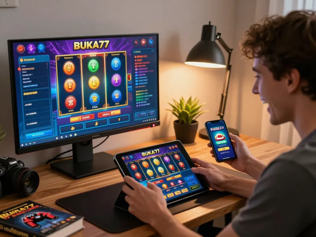 Engaging player spins BUKA77 slot while using a tablet and smartphone for online gambling.
