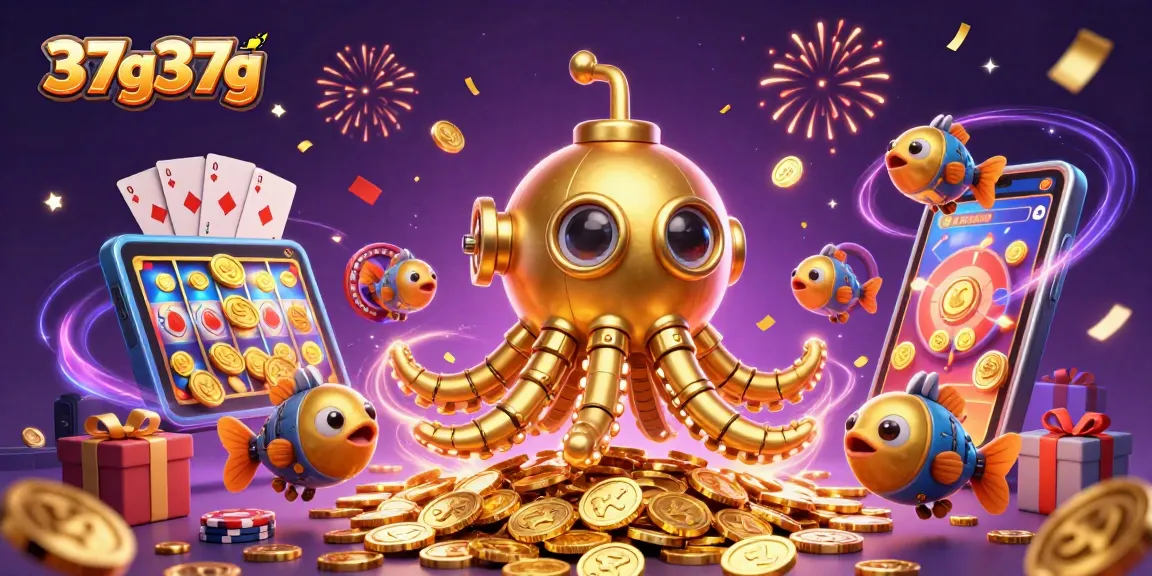 O kraken e peixes mecânicos navegam entre moedas, em um cenário vibrante do 37g37g, mostrando jogos de cassino.