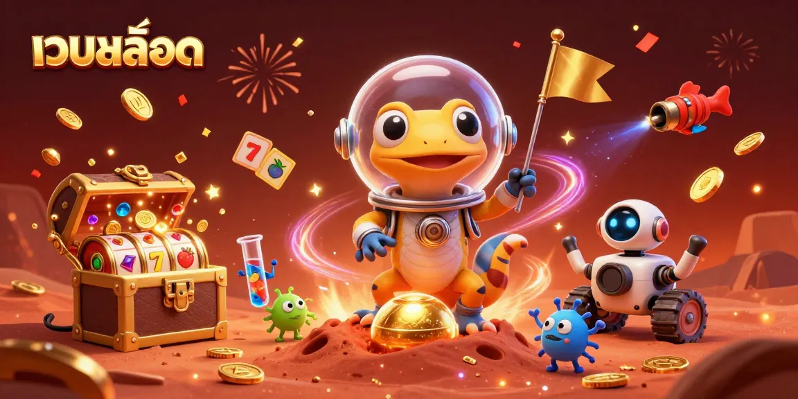 Engage with เว็บสล็อต in a vibrant, action-packed 3D illustration featuring slot reels and a Martian gecko.