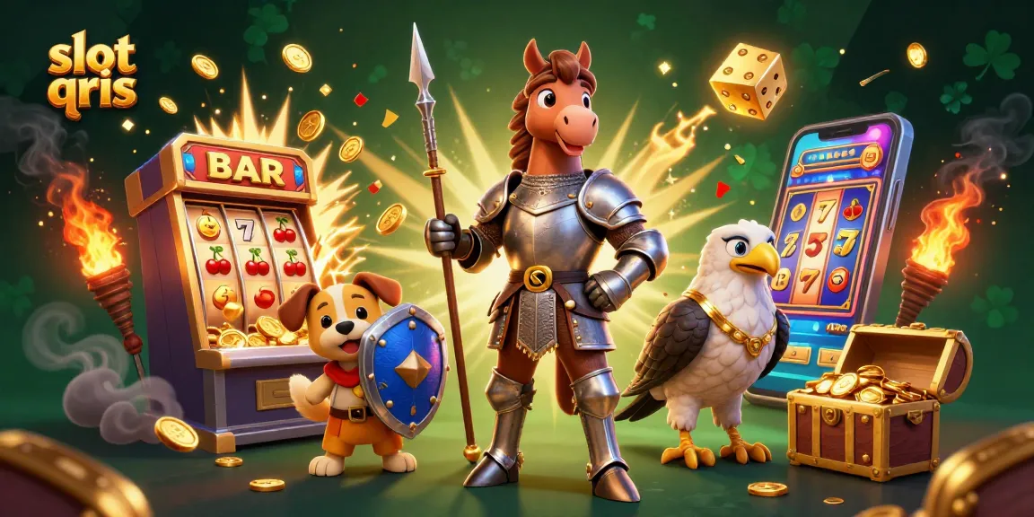 Experience slot qris excitement with a dynamic scene featuring a knight, puppy, and falcon amidst jackpot symbols and treasures.