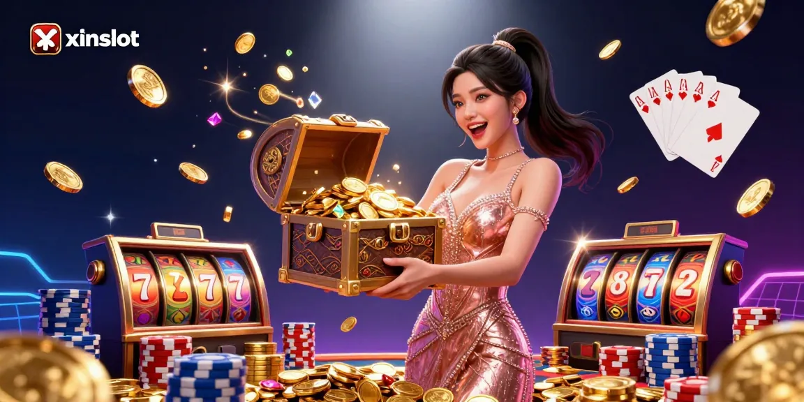 XINSLOT's exciting gaming experience with vibrant treasures and dynamic slot elements.
