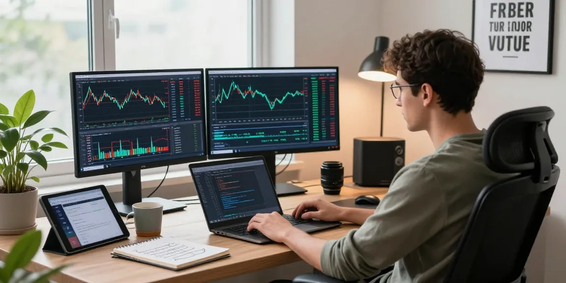 Dynamic trader using mt5 platform in an advanced home office setup with multiple screens.
