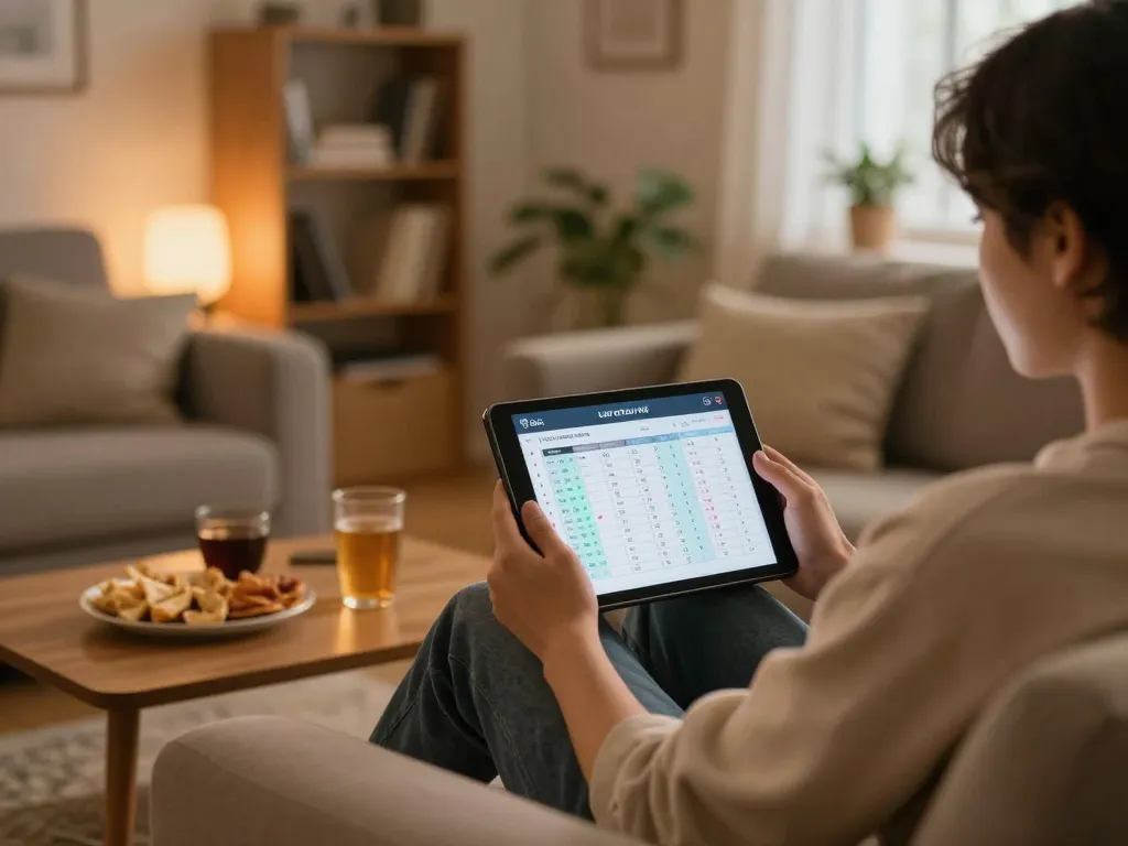 Engaging with live draw hk results on a tablet in a cozy home gaming setup.