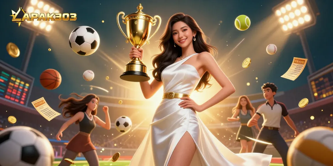LAPAK303 showcases a victorious Asian woman in a luxurious gown among vibrant sports betting elements.