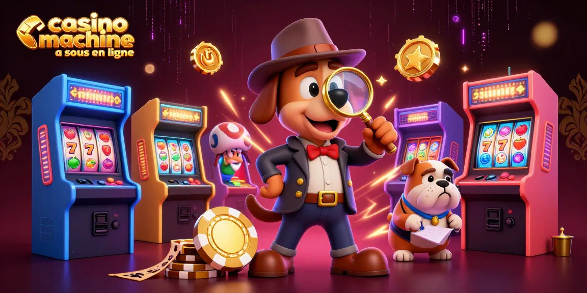 Découvrez une illustration de casino machine à sous en ligne avec des personnages amusants explorant des indices lucratifs.