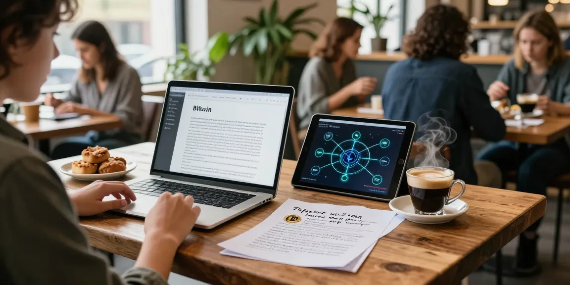 Bitcoin cloud mining study scene with laptop, notes, and coffee in a cozy cafe.