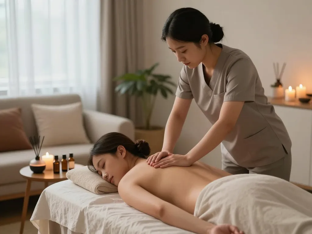 서울출장마사지 service in a cozy home setting with a professional therapist and relaxing ambiance.